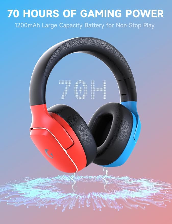 Gvyugke 2.4GHz Wireless Gaming Headset for Switch/Lite/OLED - Bluetooth 5.3 Gaming Headphones with 7.1 Surround Sound for Fortnite, 50mm Speakers, 70H Battery, Blue Lighting - BlueRed
