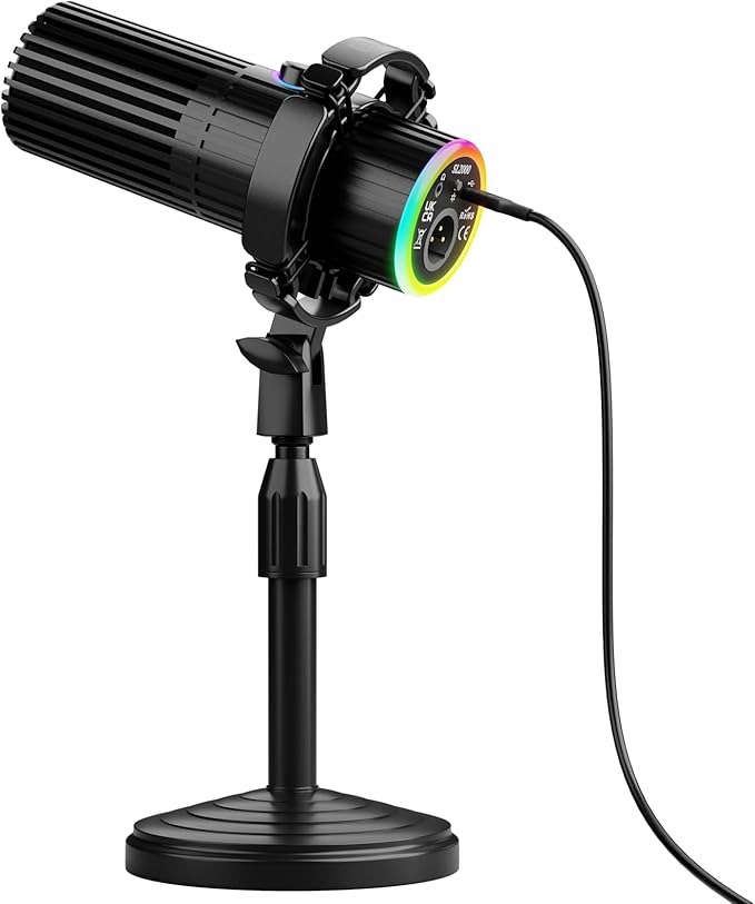BASN USB/XLR Dynamic Microphone, Live Streaming, Gaming Recording with Three-in-One Mute Button,RGB Lighting and MIC Stand for PC (Black) SL2000