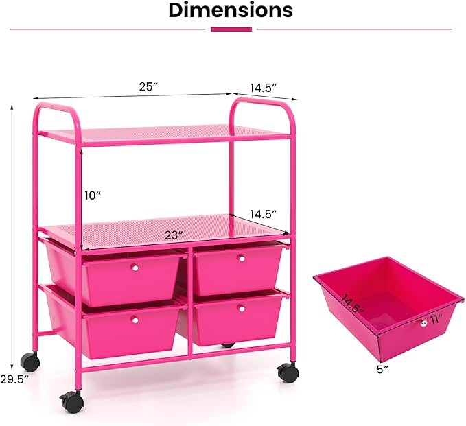 Moccha Rolling Storage Cart with 4 Drawers - Storage Drawers Organizer with wheels for Craft Art Supply Paper Salon, Scrapbook Paper Tools, Movable Utility Cart for Classroom School Studio, Hot Pink