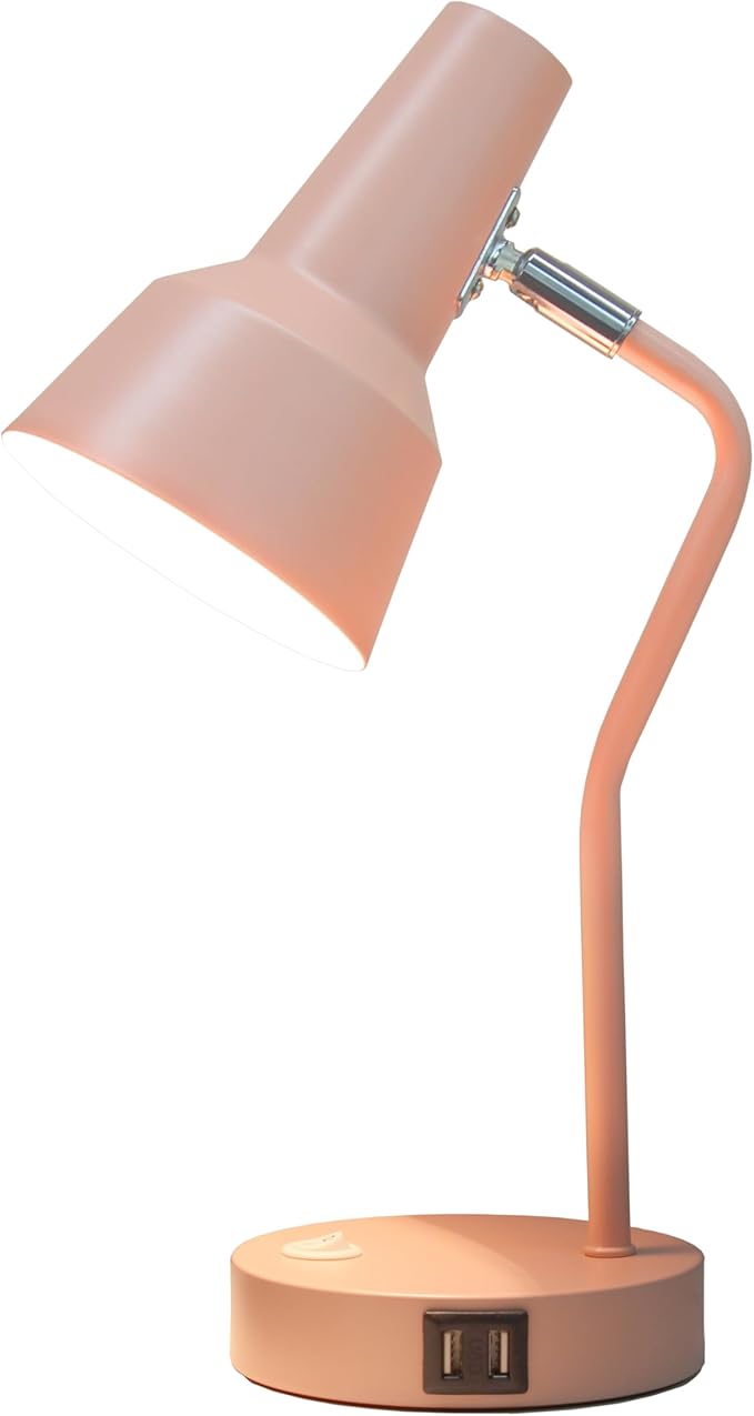 Simple Designs LD1072-BPK 15.2" Sleek Essentials Metal Cone Shade Desk Lamp with Adjustable Shade and Dual USB Ports, for Office, Desk, Nightstand, Dorm, Pink