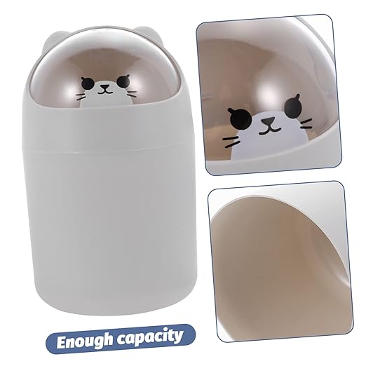 ULTECHNOVO Cartoon Bear Desktop Trash Can Lid Slim Mini Garbage Bin for Office and Bedroom Cute Plastic Waste Container