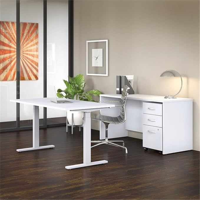 Pemberly Row Height Adjustable Standing Desk Set, 60W Credenza Desk and Mobile File Cabinet, White Finish, Laminate Over Engineered Wood, Contemporary Office Furniture for Home or Workspace