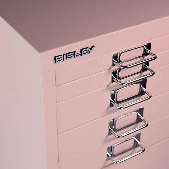 Bisley 8-Drawer Steel MultiDrawer Cabinet - Palest Pink, Chrome Pull Handles with Label Holders, Powder-Coated Steel, Removable Drawers, Fits Under Most Desks, Labels Included