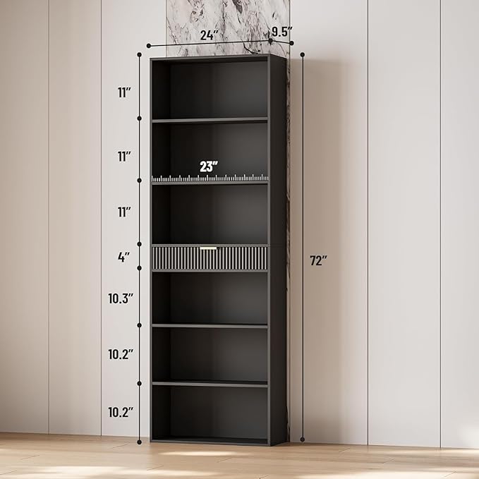 INNOD 7-Tier Bookshelf with Storage, 72" Tall Bookcase with Drawer, Display Book Shelf Book Organizer with Anti-tip Device, Home Decor Wood Furniture for Office, Bedroom, Living Room, Black