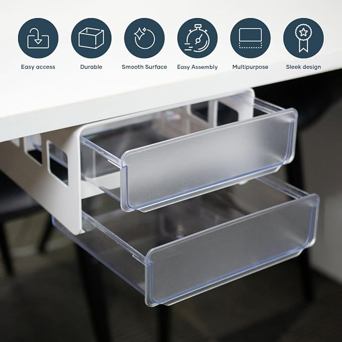 MariaMMDI I Self-Adhesive Under Desk Drawer Organizer with Slide-Out I Under Desk Storage with 2 Wide Layers I Office or Home Organization Must Haves