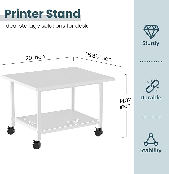SwaaVee Printer Stand with Storage Under Desk Shelf, Desktop Printer Stand Organizer, Rolling Printer Cart Storage Paper Files Holder for Desk, Office, Home, (White)
