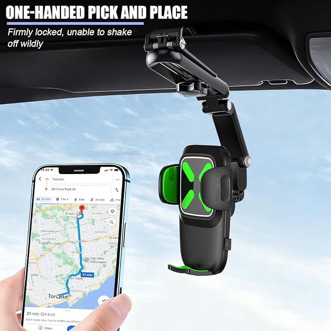 Car Sun Visor Phone Holder, Multifunctional 1080° Rotatable Retractable Vehicle Rearview Cell Phone Mount, Autom Visor Smartphone Holder, Universal for SUV RV Truck (Green)