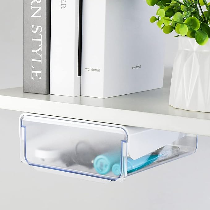 yuntop 1 Pcs Under Desk Drawer, Under Table Hidden Organizer, Plastic Self-adhesive Slide out Under Desk Storage Drawer for Office Dresser Home School Stationery Kitchen (White)