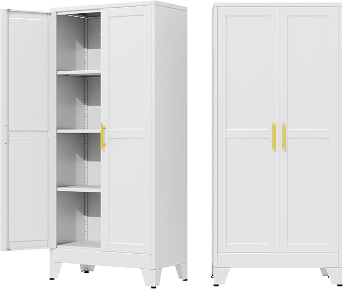 61" Metal Storage Cabinet with Adjustable Leveling Foot,Garage Storage Cabinets with 2 Doors and 3 Adjustable Shelves, Black Steel Cabinet for Office,Home,Garage