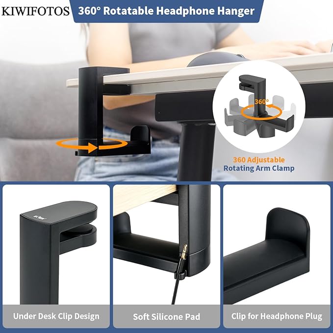 KIWIFOTOS Headphone Stand Holder Under Desk, PC Gaming Headset Hook Hanger Mount with 360 Adjustable Rotating Arm Clamp & Built in Cable Clip - Black
