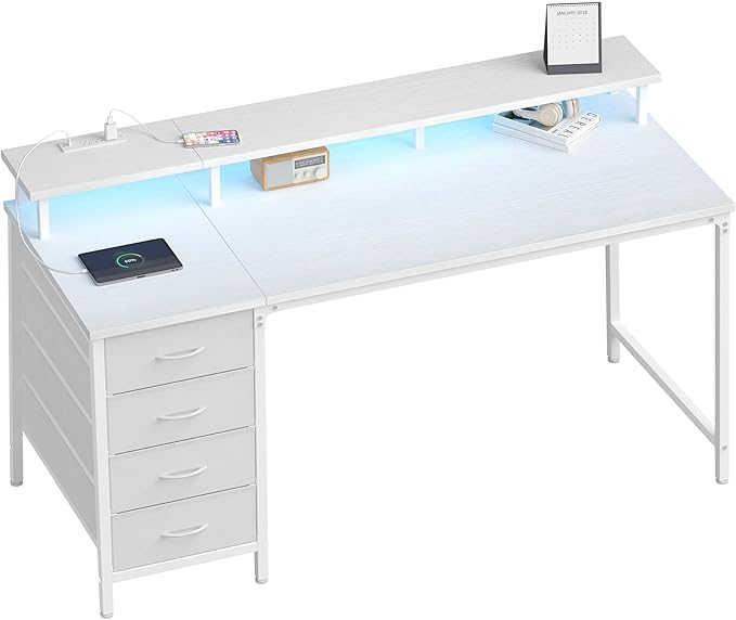 DUMOS Computer Desk with 4 Drawers,4 Drawer Gaming Desk with Power Outlets and LED Lights,Office Desk for Small Spaces with Monitor Shelf,Writing Desk for Home Office, Bedroom,Study 39 Inch White