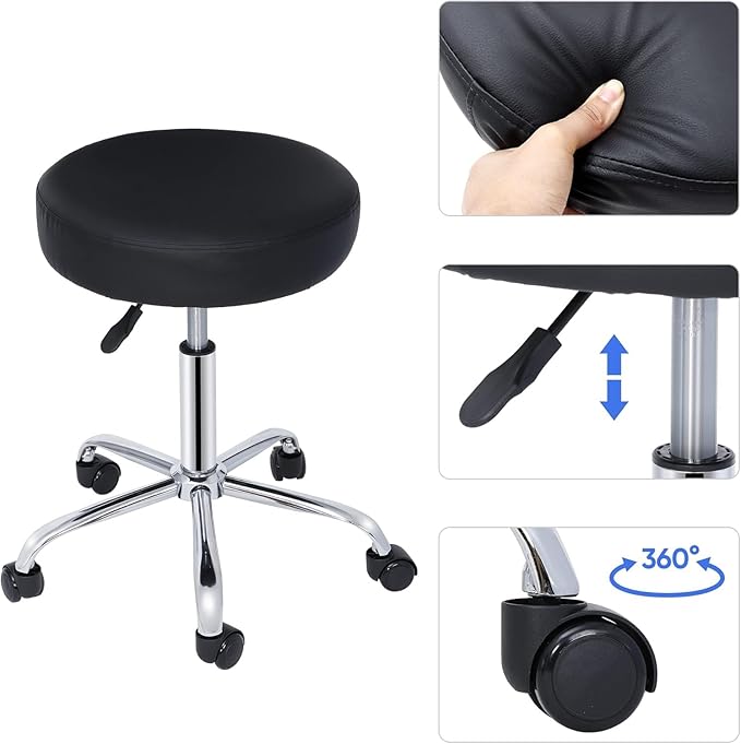 Nova Microdermabrasion Rolling Stool with Wheels Swivel Salon Stool Adjustable Drafting Tattoo Office Chair for Massage Bar Kitchen Spa Shop with Thick Cushion