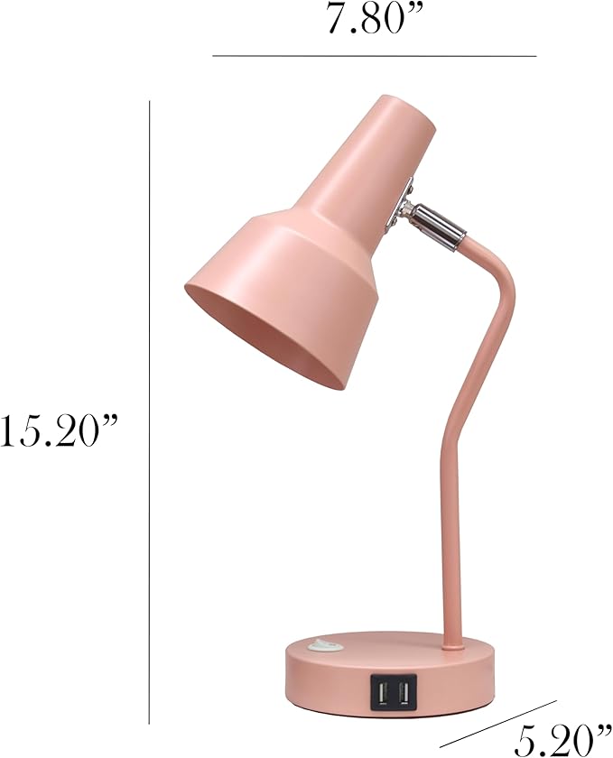 Simple Designs LD1072-BPK 15.2" Sleek Essentials Metal Cone Shade Desk Lamp with Adjustable Shade and Dual USB Ports, for Office, Desk, Nightstand, Dorm, Pink