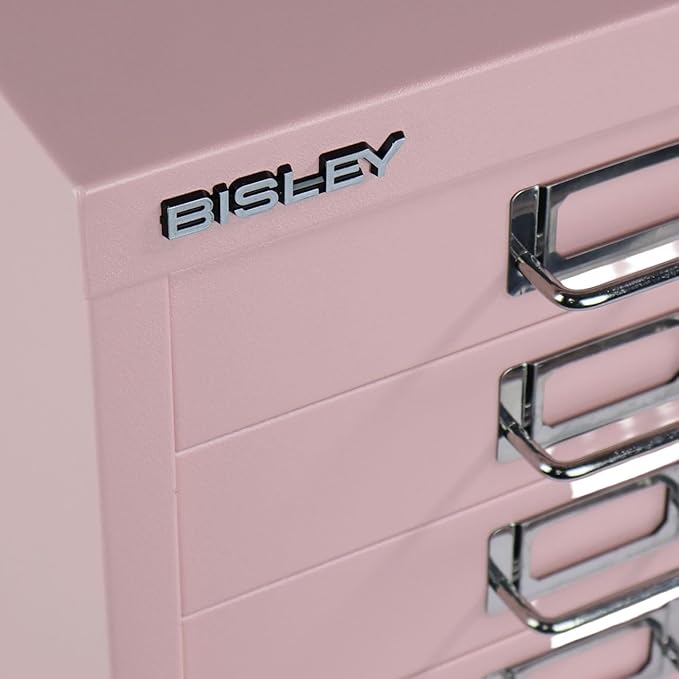 Bisley 5-Drawer Steel MultiDrawer Cabinet - Palest Pink, Chrome Pull Handles with Label Holders, Powder-Coated Steel, Removable Drawers, Desktop Storage, Labels Included