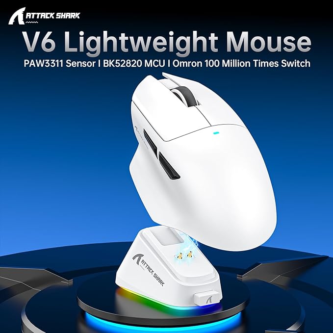 ATTACK SHARK V6 Wireless Gaming Mouse with RGB Charging Dock, 25K DPI PAW3311 Sensor, 1K Polling Tri-Mode Ergonomic PC Mice, 5 Programmable Bottons, Cloud-Based AI Driver for Win/Mac,White&Tape