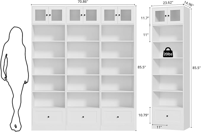 TUSY 85.5 Inch Tall Bookshelf with Doors - 7 Tier Bookcase with Glass Doors and Drawer, 23.6" Wide Storage Cabinet with Open Shelves for Living Room, White Book Shelf for Home Office (BBB)