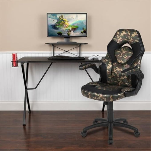 BOWERY HILL 2 Piece Gaming Desk Set, Black Laminate/Black Leather with Camouflage Mesh, Includes Raised Monitor Platform, Cup Holder, Headset Hook, Ergonomic High Back Chair for PC Gaming