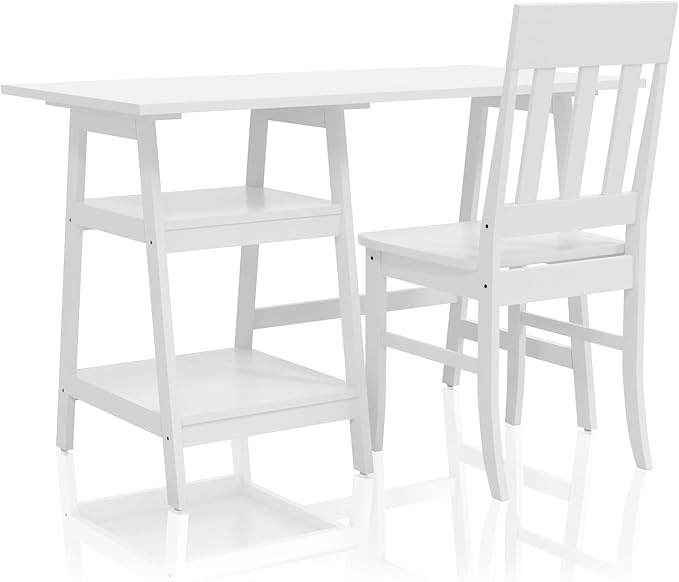 24/7 Shop at Home Myrrh Cottage 2-Piece Wood Storage Writing Desk with 2 Shelves and Chair Set for Workstation, Home Office, Study Room, White