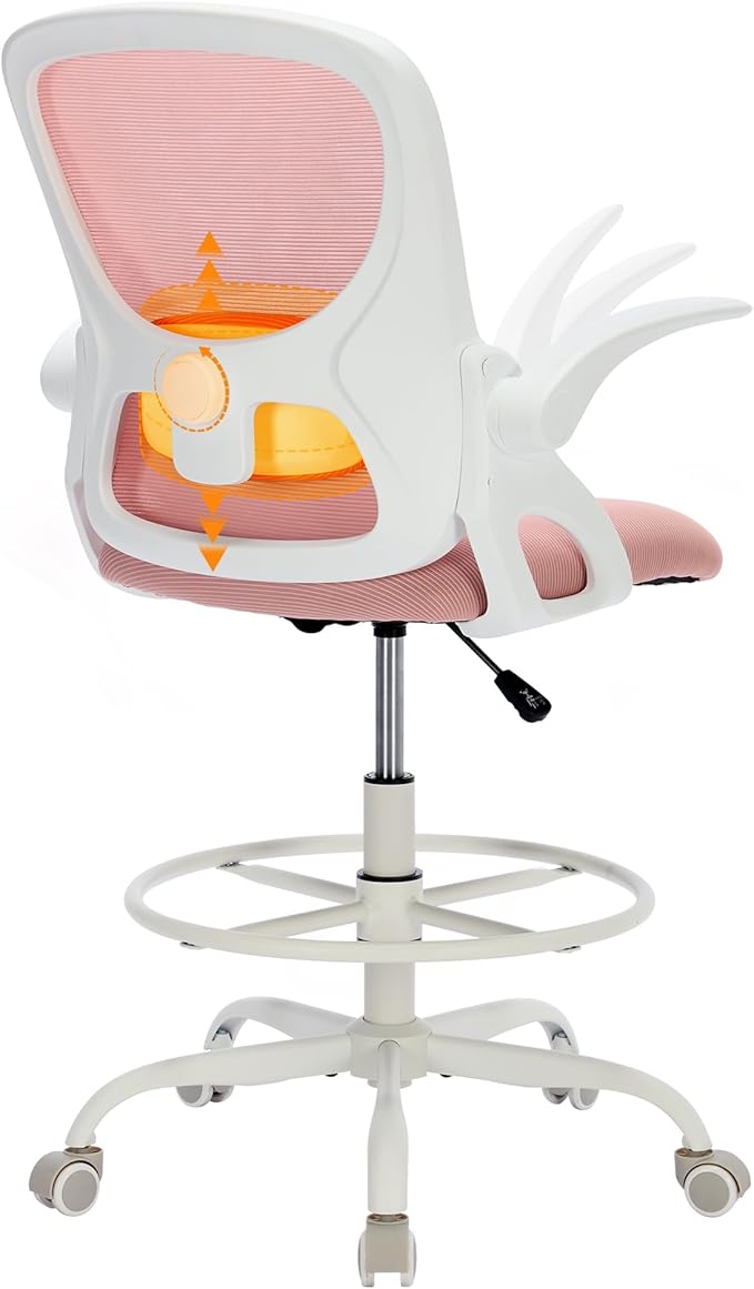LukkDys Drafting Chair with 4D Multi-Adjustable Backrest, Tall Office Chair 19.7"-27.6" Seat Height, Ergonomic Standing Desk Chair with Flip-up Arms, Foot Ring, Pink&White