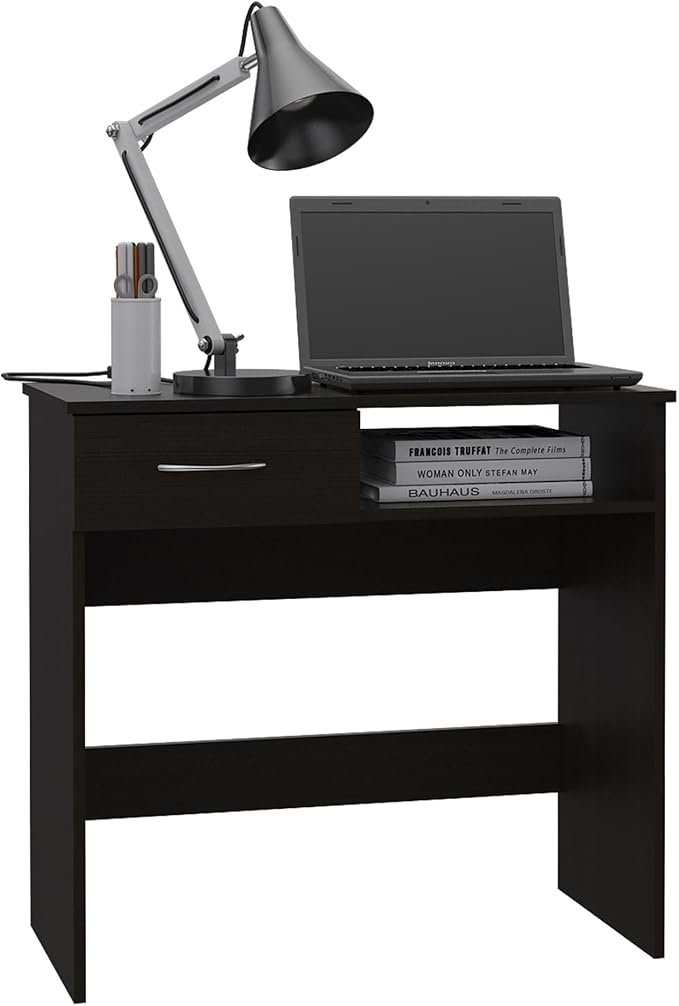 Penau Home Office Set with Single Drawer, Keyboard Tray, Black Bookcase with 5 Shelves, Modern Compact Design
