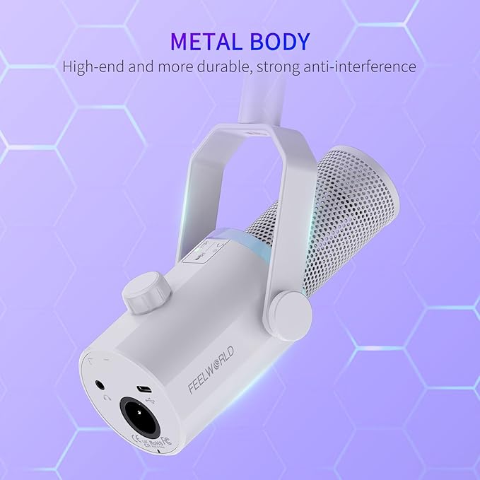 FEELWORLD PM1 XLR USB Dynamic Microphone with Boom Arm Gifts for Podcast Recording PC Computer Gaming Live Streaming Vocal Voice-Over, Studio Metal Mic, RGB Light, Mute Button, Headphones Jack (White)