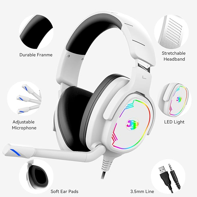 Jimonyer Gaming Headset for PC/PS4/PS5/Xbox One/Switch, Stereo Surround Sound Gaming Headphones with Noise Canceling Flexible Mic, Computer Headset with 3.5mm Jack & RGB Light(White)