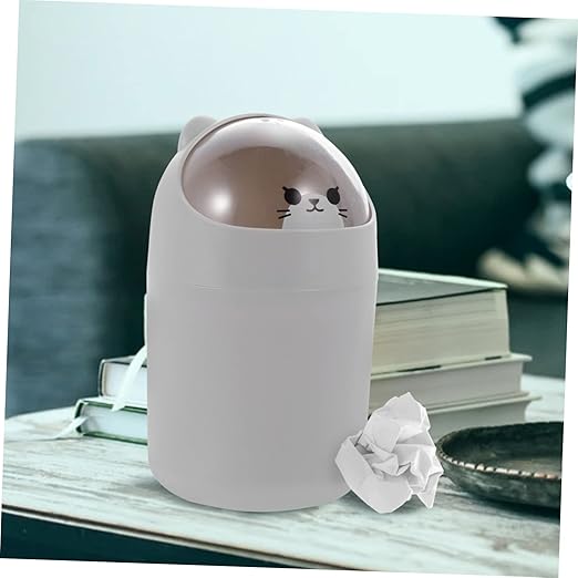 Cute Cartoon Bear Desktop Trash Can Lid Mini Plastic Waste Bin for Home Office Slim Design for Bedroom and Desk