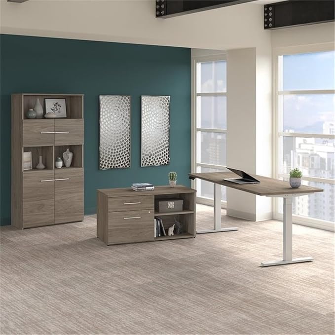 Pemberly Row 72W Height Adjustable Standing Desk with Storage, Modern Hickory Finish, Includes 45W Low Cabinet with Drawers and 36W 5-Shelf Bookcase, Ergonomic Office Furniture Set for Home or