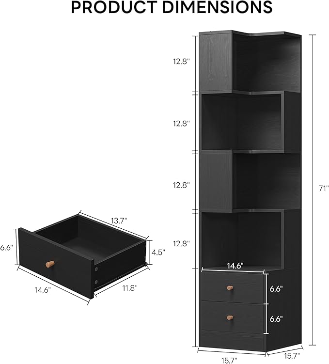 IRONCK Corner Bookshelf, 70.87" Tall Corner Bookcase with Drawers, Corner Shelf Storage Display Rack for Living Room Home Office, Black