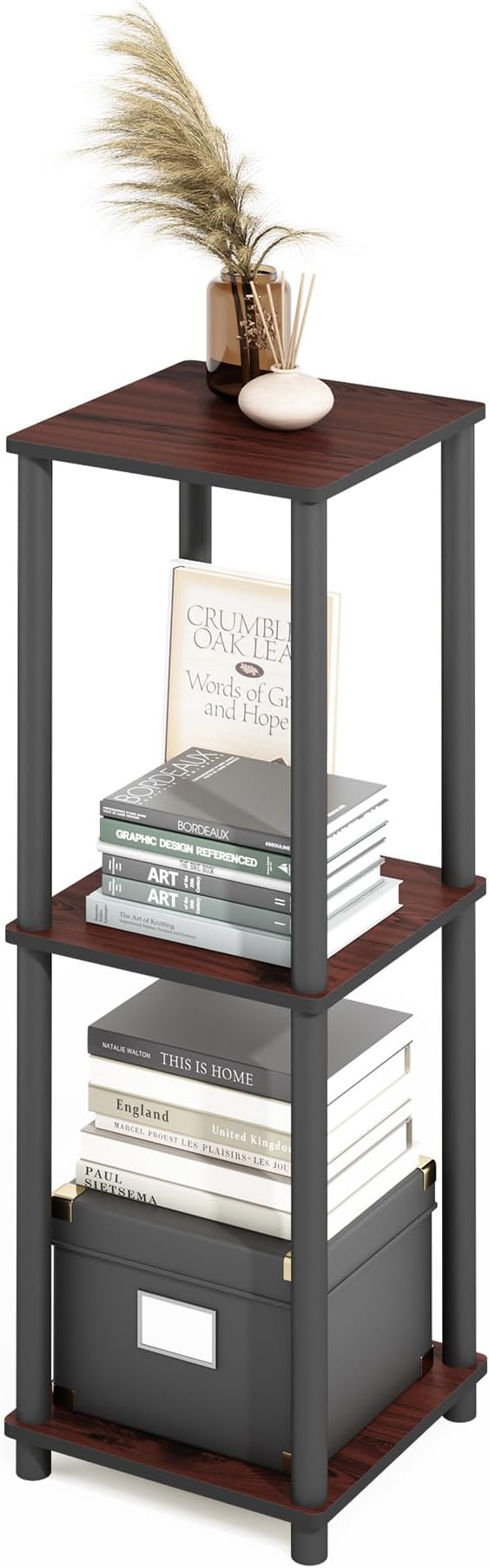 Furinno Turn-N-Tube Set of 2, 2-Tier Book Shelf with Open Shelf, Stackable Bookshelf, Toolless Bookcase with Easy Assembly, 13.4 x 13.4 x 20, for Living Room, Bedroom, Home Office, Dark Cherry/Black
