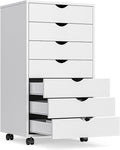 OLIXIS 7 Drawer Mobile File Cabinet Under Desk Storage Organization with Wheels Vertical Filing Chest Rolling Wood Small Desk Printer Stand for Home Office, 15.75"D x 18.74"W x 34.25"H, White