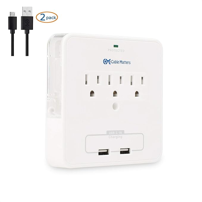 Cable Matters 3 Outlet Wall Mount Surge Protector with USB Charging and 3 Inch Wide Slide-Out Smartphone Holders White