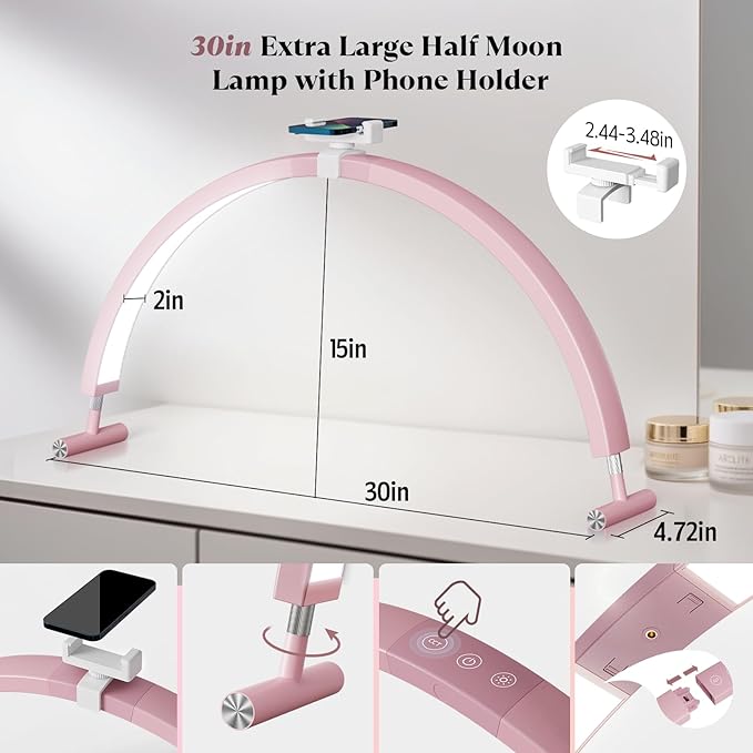 Mznoo Half Moon Light for Nail Desk, 30'' Large Half Moon Desk Lamp with Phone Holder, Professional Nail Tech Light with 3 Color Modes and 5 Brightness for Manicure Salon and Handicraft (Pink)