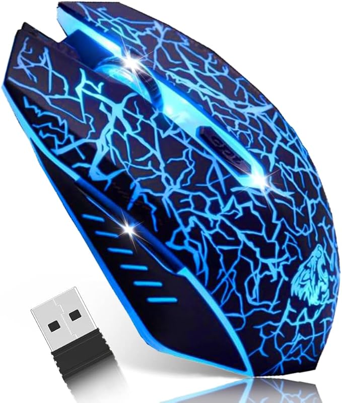 VEGCOO C10 Wireless Gaming Mouse Rechargeable Silent Optical Mice 7 Colors LED Lights, 7 Buttons 2400/1600/800DPI (Black)