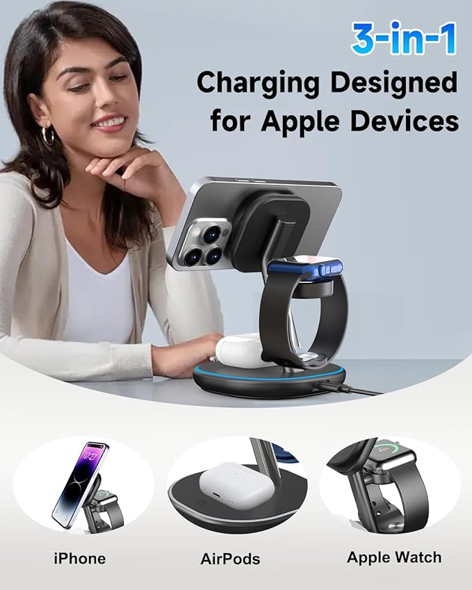 3 in 1 Wireless Charging Station for Apple MagSafe Charger, 15W Fast Magnetic Phone Charger with Breathing Light for Magsafe Charger Stand for iPhone 17 16 15 14 13 12, Apple Watch, AirPods, Gifts