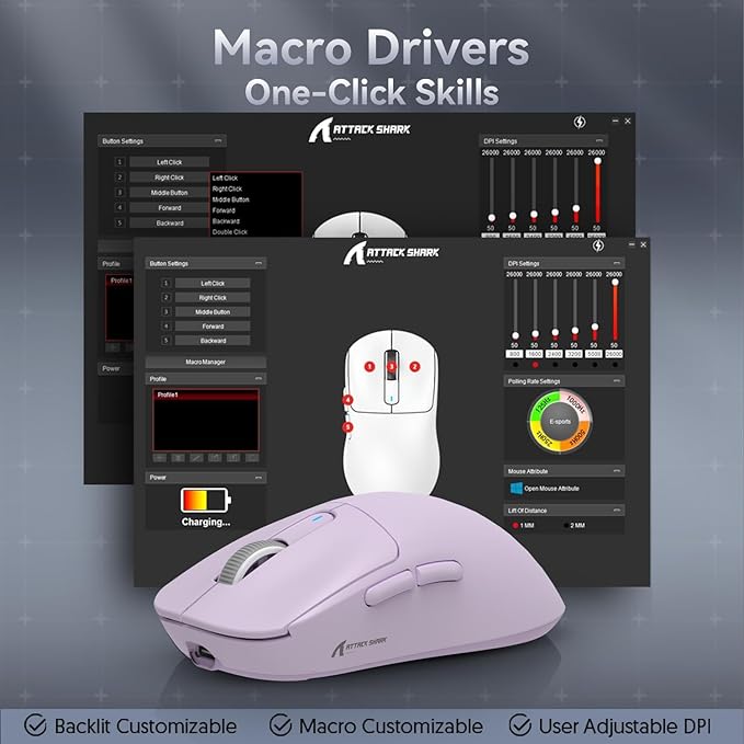 MAMBASNAKE Attack Shark X3 Wireless Gaming Mouse, 49g Ultralight, PixArt PAW3395 26000 DPI, Bluetooth/2.4Ghz /Wired Tri-Mode, 200Hrs Rechargeable Battery, Kailh GM8.0 Switch for PC/MAC/Win - Purple