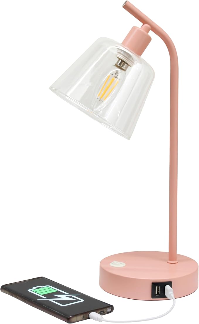 Simple Designs LD1074-BPK 15.75" Sleek Essentials Modern Industrial Netal Desk Lamp with Clear Glass Shade and Dual USB Ports, for Office, Desk, Nightstand, Dorm, Blush Pink