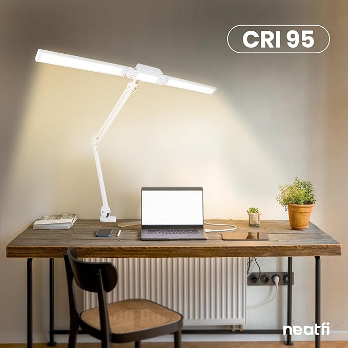 Neatfi LED Desk Lamp | 3,000 Lumens | Dimmable 30W Desk Light | 360 SMD LEDs | CRI 95 | Adjustable Color Temperature | Task Lamp for Home, Office, or Workbench (White, 41-Inch, CCT with Clamp)