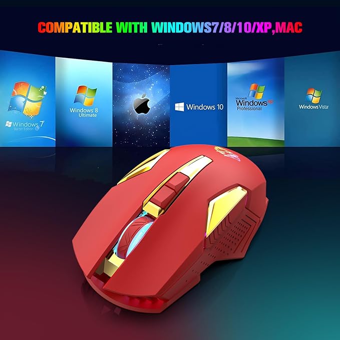 FELICON Wireless Gaming Mouse Rechargeable with Rainbow RGB Backlit,Optical Sensor 3 Level DPI,Ergonomic Gamer Laptop High Performance PC Mice with 8 Buttons for Windows 7/8/10/XP Vista（Red）