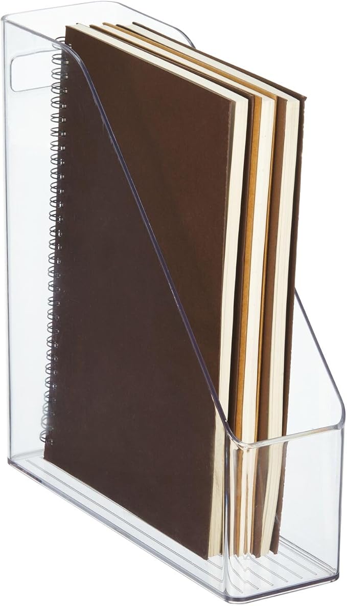 mDesign Plastic Slim Vertical File Folder Storage Organizer Bin with Handle - Hold Notebooks, Binders, Envelopes, Magazines for Home Office, Work Desktops, Ligne Collection, Clear