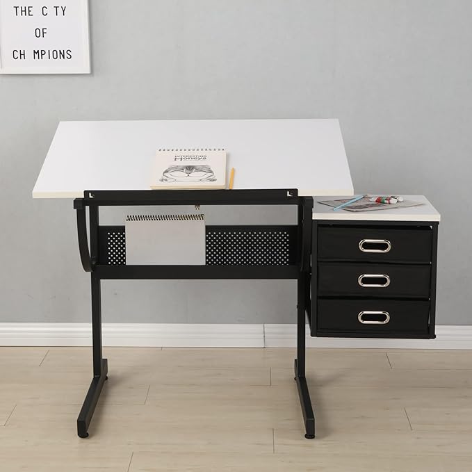 Drafting Table, Adjustable Drawing Desk with Stool, Art Table with Storage Drawers for Artists/Architect/Art Hobbyist, Design for Sketch Painting Artistic Craft Supplies, Type 5-White