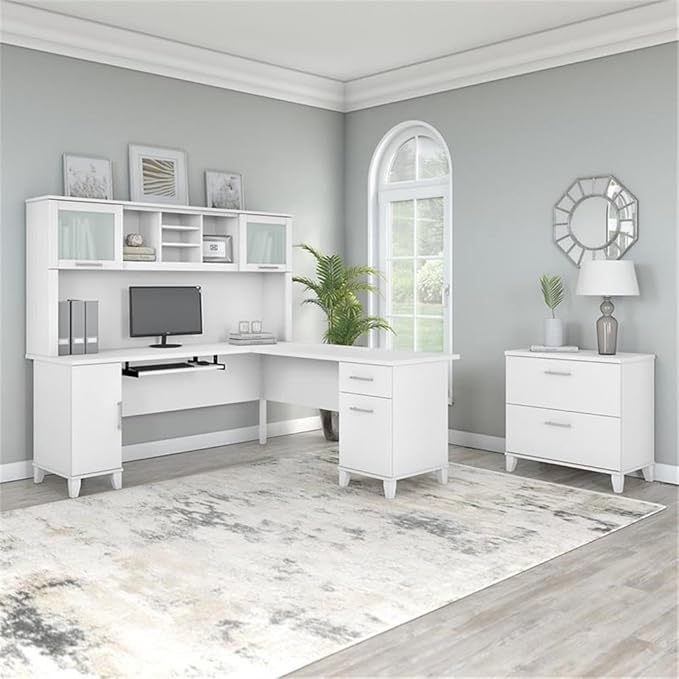 Pemberly Row 72W L Shaped Desk with Hutch & File Cabinet, Engineered Wood, White Finish, Ample Storage with Frosted Glass Hutch & File Drawers, Home Office Furniture Set
