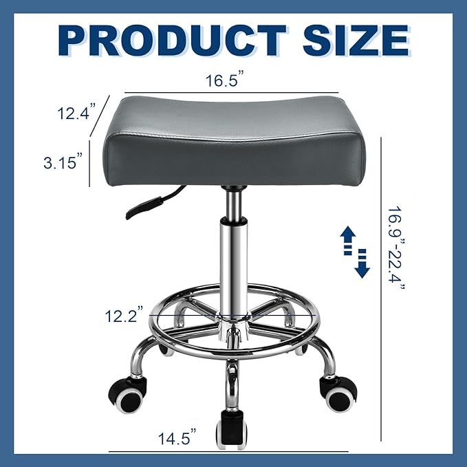 Square Salon Rolling Stool - 300lbs Weight Capacity，Adjustable Swivel Stool with Wheel，Pu Leahter Comfortable Cutting Stools for Salon Tattoo Stylist Massage Perfect for Work SPA (Grey)