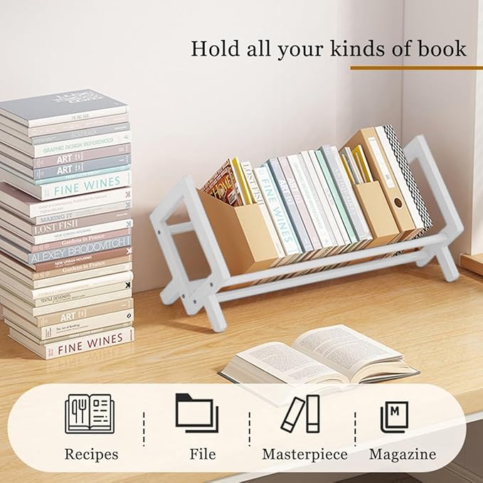 Wood Tilting Bookcase in Living Room/Home/Office, Desktop Book Shelf Organizer Bookshelves Storage Rack for CDs/Magazine/Books Display (White, 16"-L)