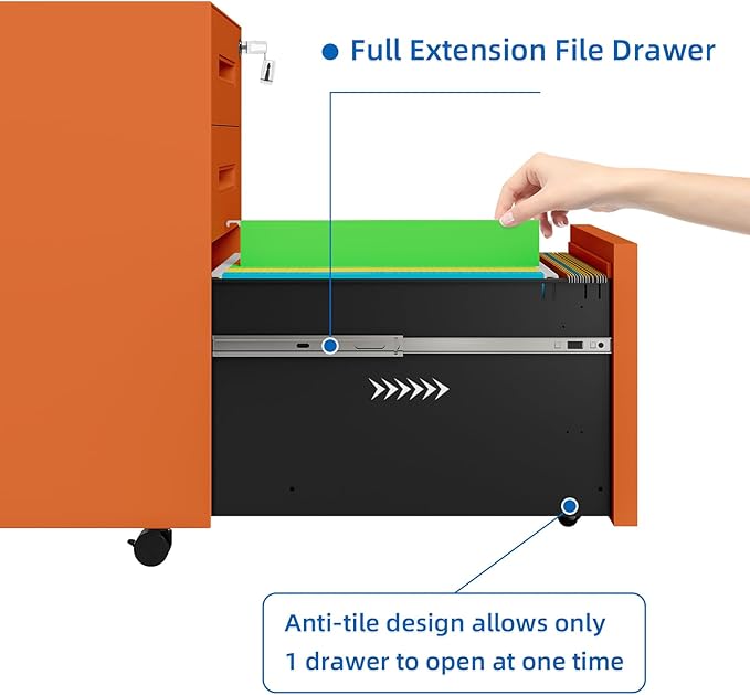 Dripex 3 Drawer Orange File Cabinet, Mobile Under Desk Storage File Cabinet with Lock on Wheels, Fully Assembled, Letter/Legal Size, Small Short Vertical Metal Rolling Filing Cabinets for Home Office