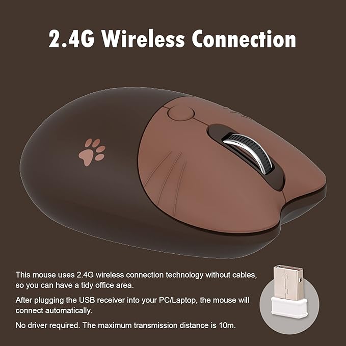 Lomiluskr Cute Cat Wireless Mouse, Lightweight Soundless Mice, 2.4G Wireless Mice, Candy Colors, Kawaii Mouse for Girls and Kids (Coffee)