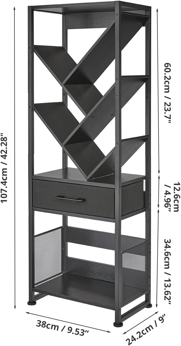 Bookshelf with Drawer,8 Tier Tree Bookcase Retro Floor Standing Bookshelves,Tall Wood Bookcases with Cabinet Storage Organizer for Living Room, Bedroom & Home Office, Black