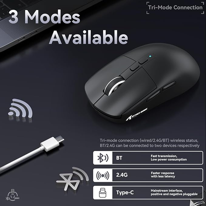 ATTACK SHARK X6 Lightweight Wireless Gaming Mouse with RGB Backlight Charging Base,Tri-Mode Wired/2.4GHz/BT5.2,26K DPI, PAW3395 Optical Sensor,HUANO Switch,5programmable Buttons,PC/Mac(Black)