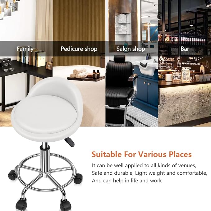KKTONER PU Leather Round Rolling Stool with Foot Rest Height Adjustable Swivel Drafting Work SPA Medical Task Chair with Wheels (White)