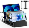 Charging Station for Multiple Devices, 6 Port USB Desktop Charger Dock Compatible with iPad, Samsung, Android, Tablet, Family Multi Phone Charging Organizer with Divider Holders, Fireproof ABS (Black)